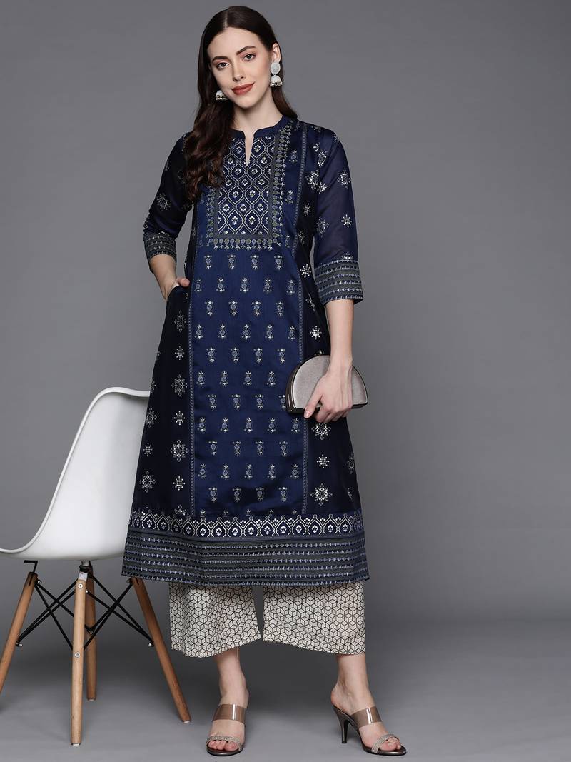 Pinksky Women's Navy Blue Chanderi Kurta Plazo Set