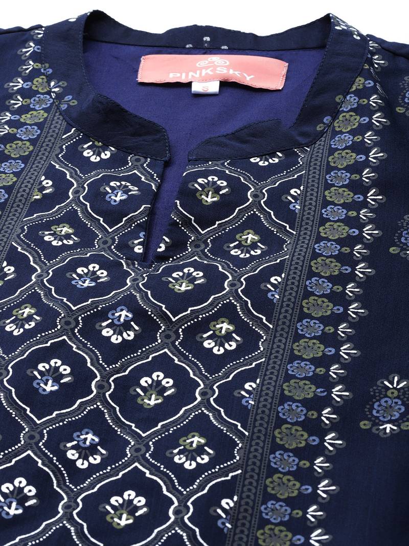 Pinksky Women's Navy Blue Chanderi Kurta Plazo Set