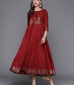 Pinksky Women's Red Matka Cotton Silk Kurta Set With Gold Foil Print And Hand Work Embroidery