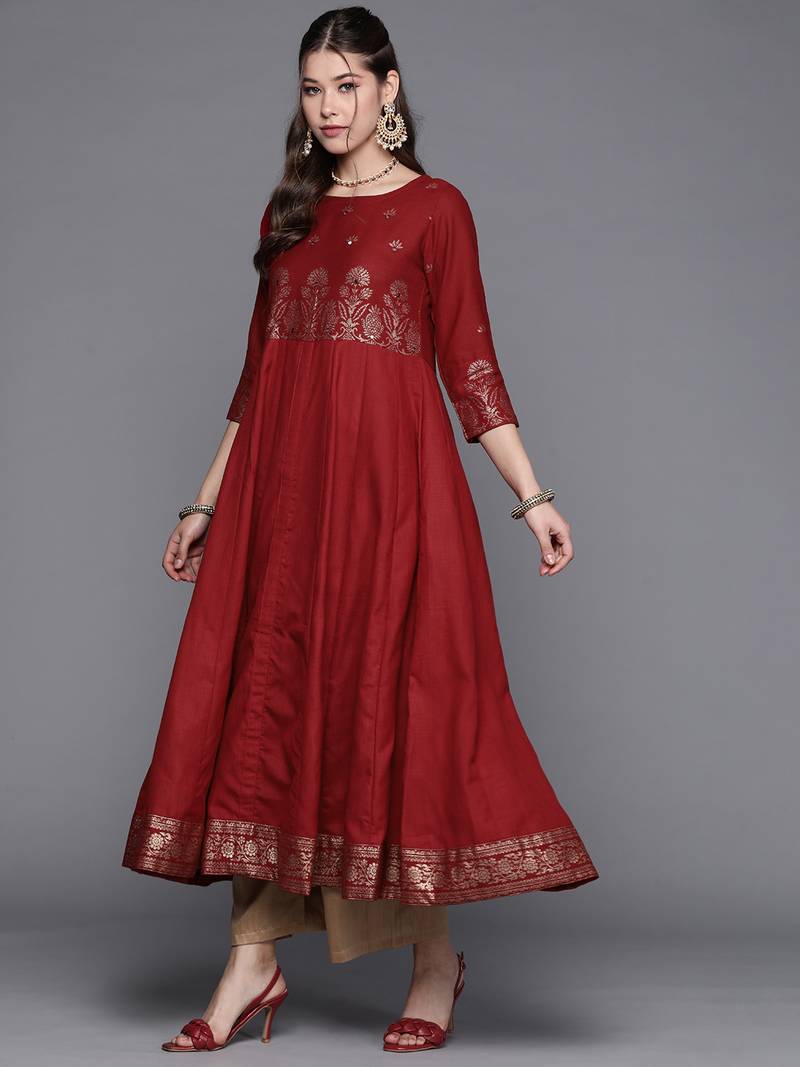 Pinksky Women's Red Matka Cotton Silk Kurta Set With Gold Foil Print And Hand Work Embroidery