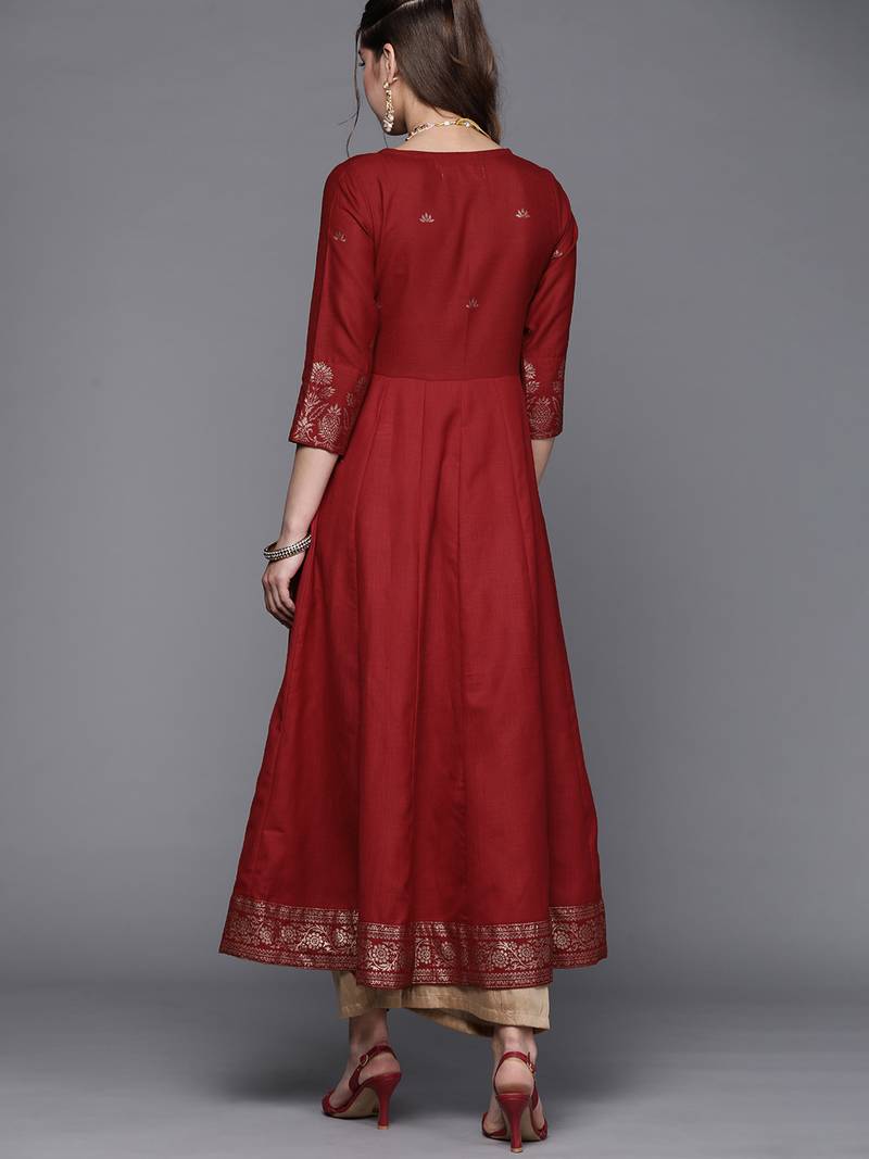 Pinksky Women's Red Matka Cotton Silk Kurta Set With Gold Foil Print And Hand Work Embroidery