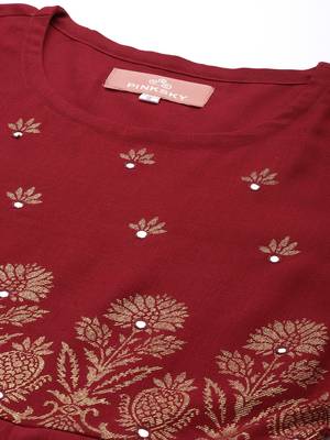 Pinksky Women's Red Matka Cotton Silk Kurta Set With Gold Foil Print And Hand Work Embroidery 4