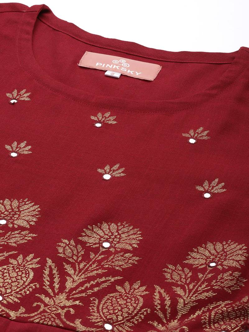 Pinksky Women's Red Matka Cotton Silk Kurta Set With Gold Foil Print And Hand Work Embroidery
