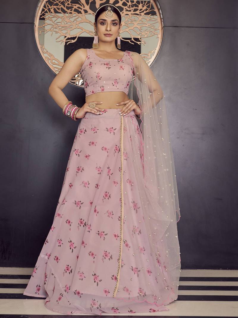 Baby-pink printed georgette semi stitched lehenga MESMORE 3798709