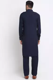 Men Cotton Navy Blue Pathani Kurta Salwar Set