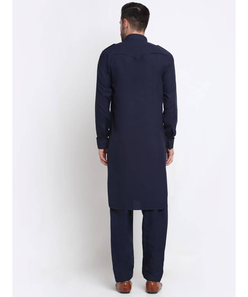 Men Cotton Navy Blue Pathani Kurta Salwar Set