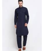 Men Cotton Navy Blue Pathani Kurta Salwar Set