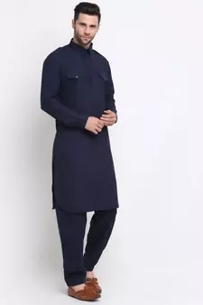 Men Cotton Navy Blue Pathani Kurta Salwar Set