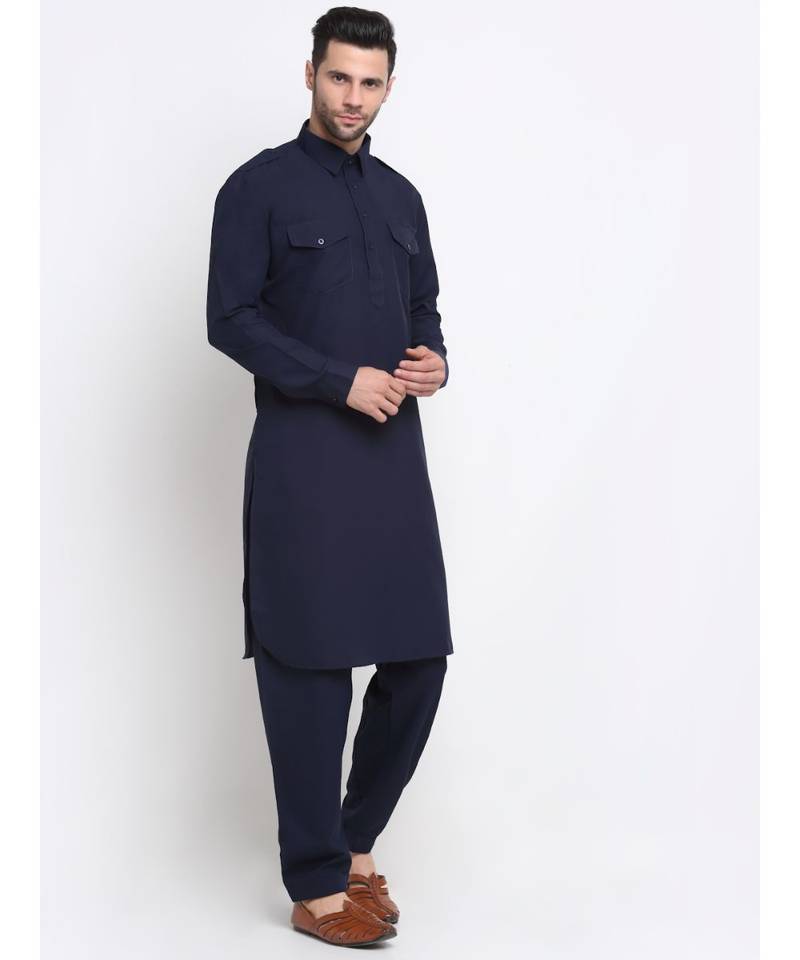Men Cotton Navy Blue Pathani Kurta Salwar Set