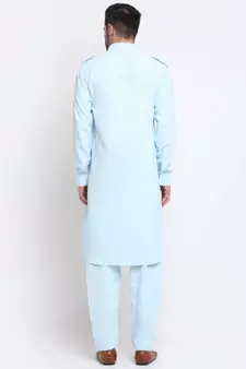 Men Cotton Sky Pathani Kurta Salwar Set