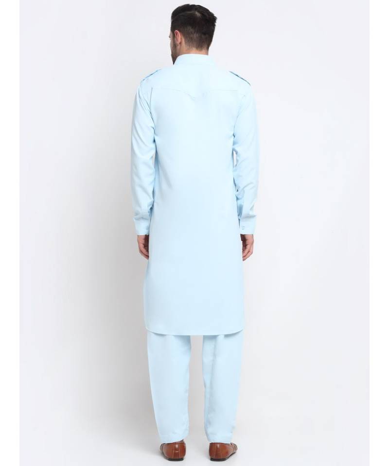 Men Cotton Sky Pathani Kurta Salwar Set