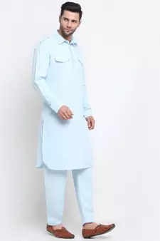 Men Cotton Sky Pathani Kurta Salwar Set