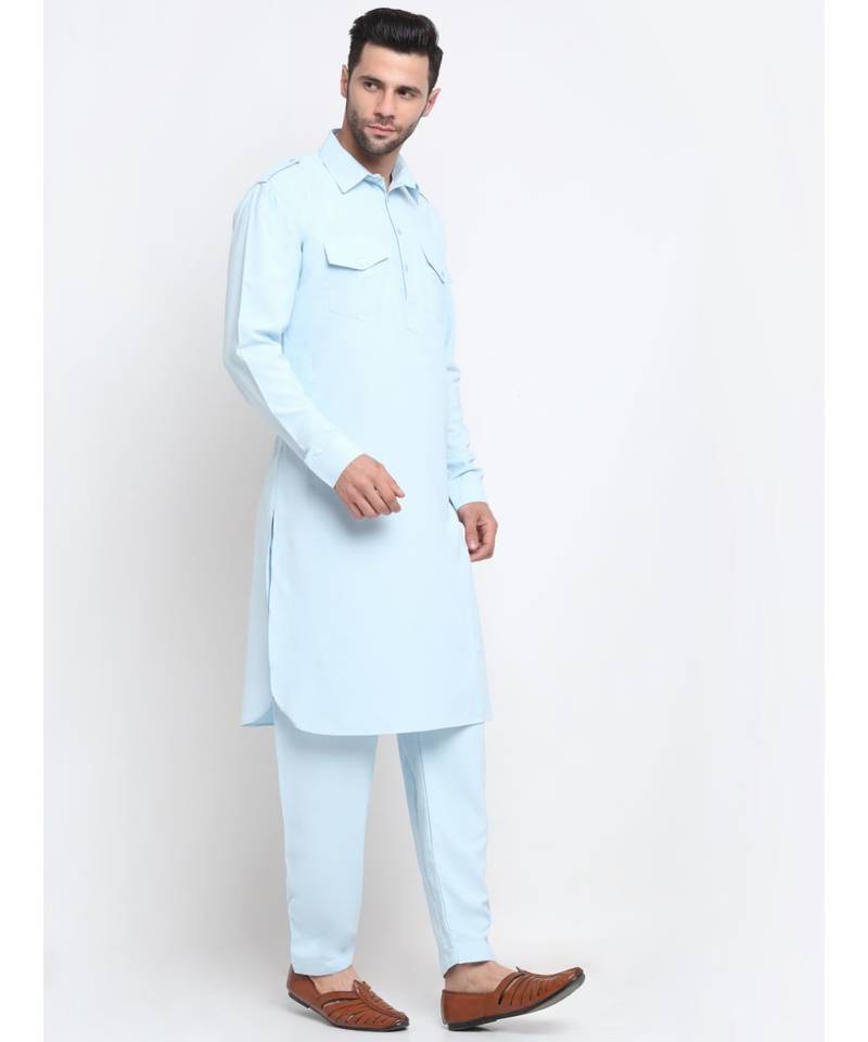 Men Cotton Sky Pathani Kurta Salwar Set