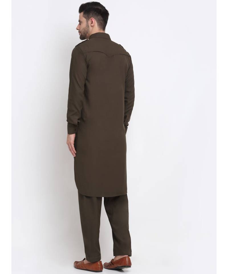 Men Cotton Brown Pathani Kurta Salwar Set