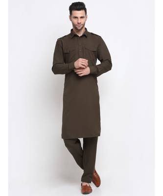 Men Cotton Brown Pathani Kurta Salwar Set 1