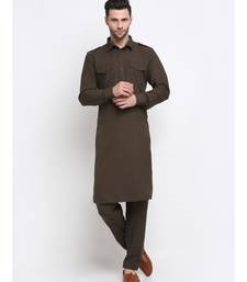 Men Cotton Brown Pathani Kurta Salwar Set