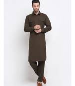 Men Cotton Brown Pathani Kurta Salwar Set