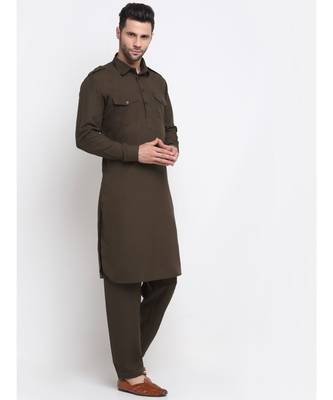 Men Cotton Brown Pathani Kurta Salwar Set 4