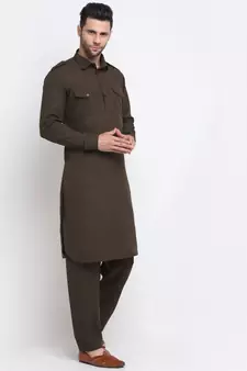 Men Cotton Brown Pathani Kurta Salwar Set