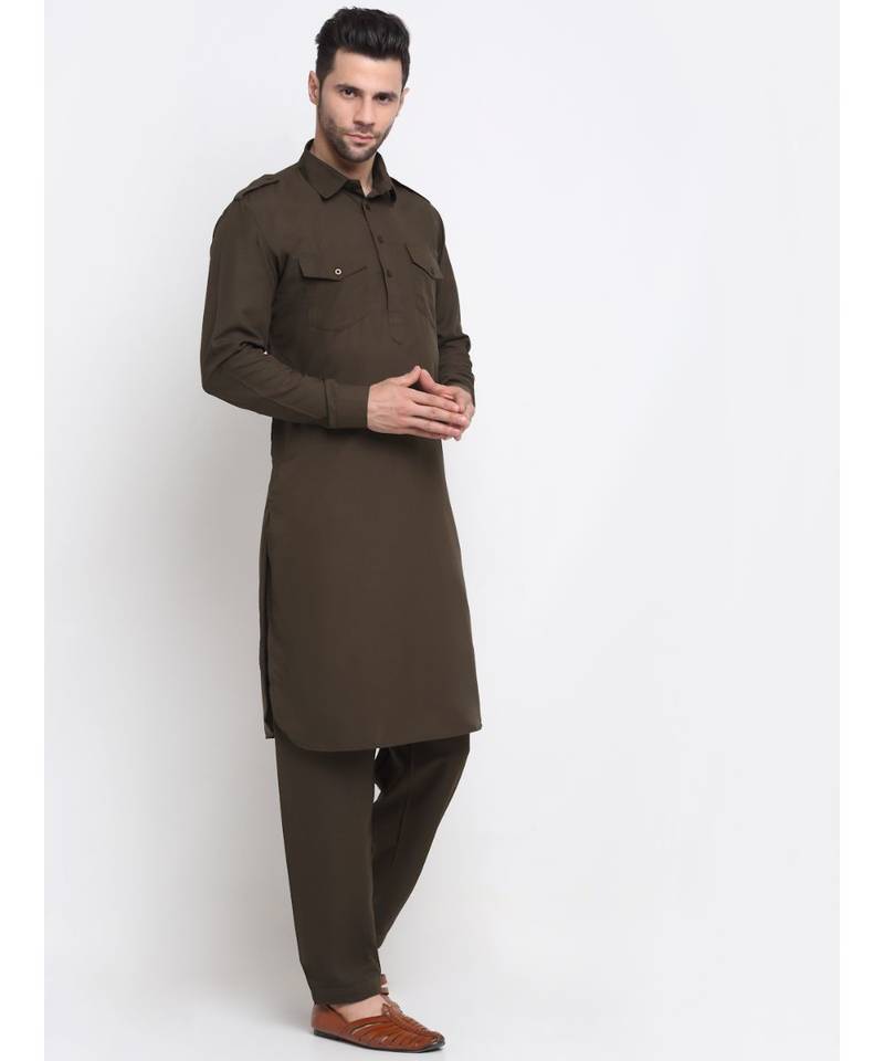 Men Cotton Brown Pathani Kurta Salwar Set