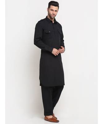 Men Cotton Black Pathani Kurta Salwar Set 4