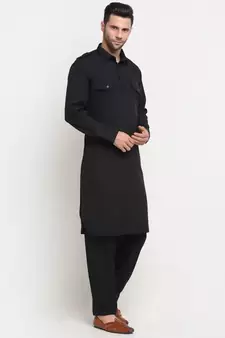 Men Cotton Black Pathani Kurta Salwar Set