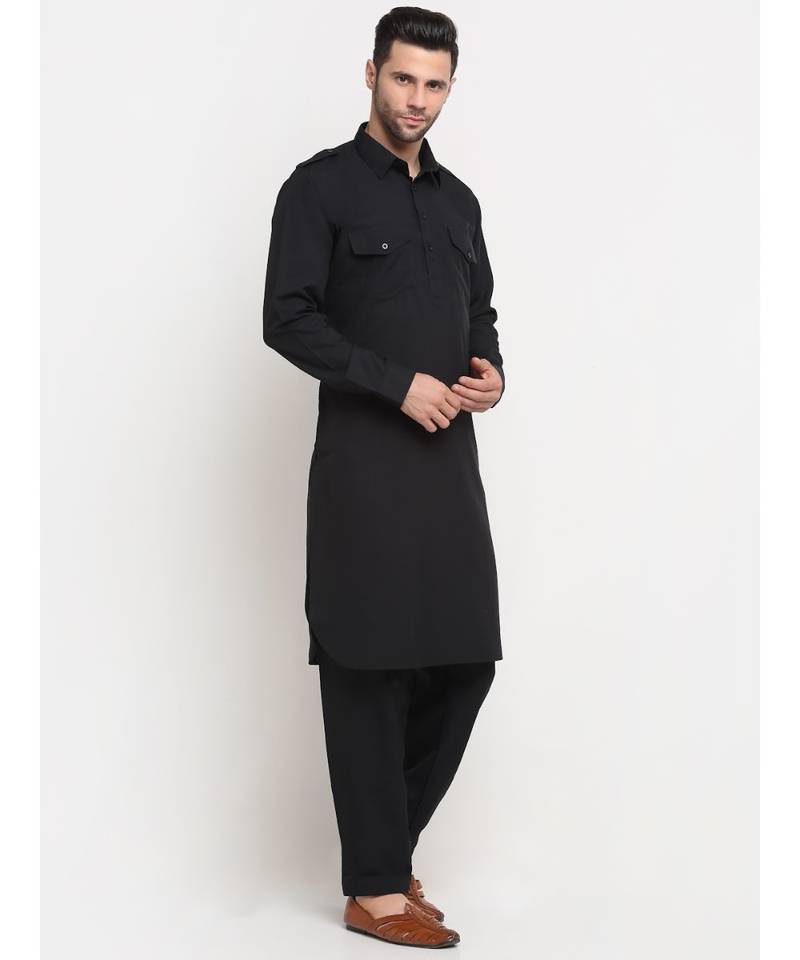 Men Cotton Black Pathani Kurta Salwar Set