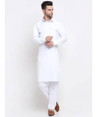 Men Cotton White Pathani Kurta Salwar Set 1