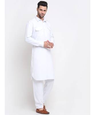 Men Cotton White Pathani Kurta Salwar Set 4