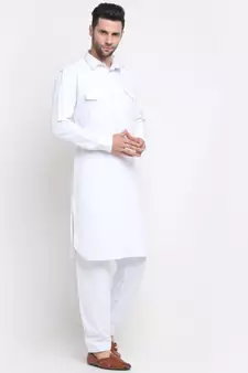 Men Cotton White Pathani Kurta Salwar Set