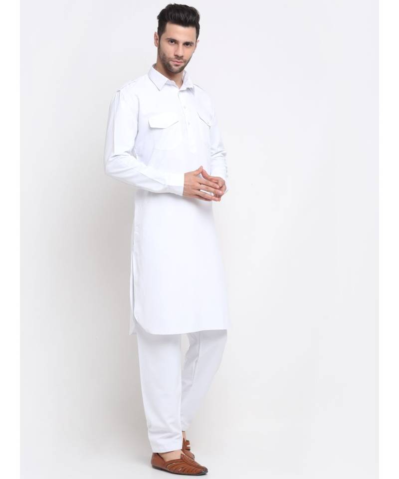 Men Cotton White Pathani Kurta Salwar Set