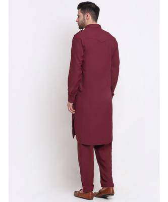 Men Cotton Maroon Pathani Kurta Salwar Set 3