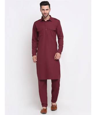Men Cotton Maroon Pathani Kurta Salwar Set 1
