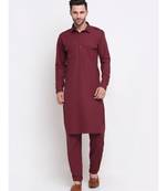 Men Cotton Maroon Pathani Kurta Salwar Set