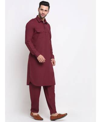 Men Cotton Maroon Pathani Kurta Salwar Set 4