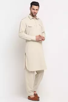 Men Cotton Fawn Pathani Kurta Salwar Set