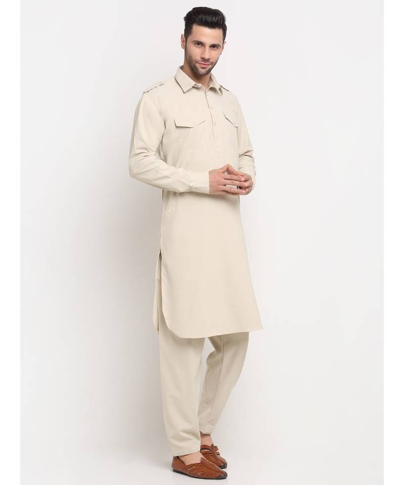 Men Cotton Fawn Pathani Kurta Salwar Set