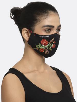 3-Ply Black & Red Floral Embroidered Cotton Designer Mask 1