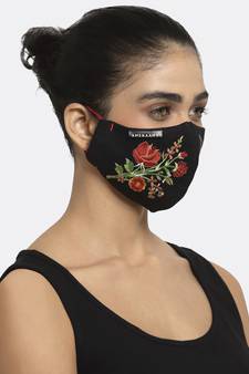 3-Ply Black & Red Floral Embroidered Cotton Designer Mask