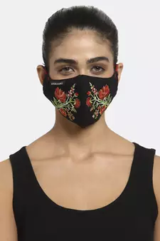 3-Ply Black & Red Floral Embroidered Cotton Designer Mask