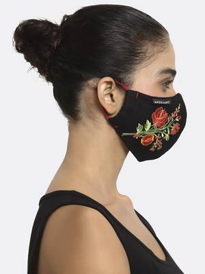 3-Ply Black & Red Floral Embroidered Cotton Designer Mask 3