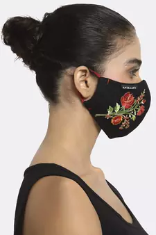 3-Ply Black & Red Floral Embroidered Cotton Designer Mask