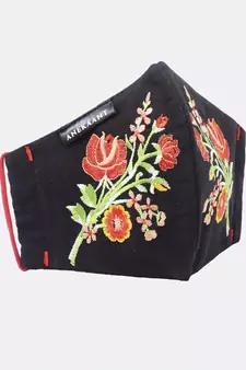 3-Ply Black & Red Floral Embroidered Cotton Designer Mask