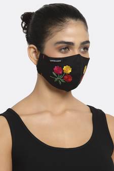 3-Ply Black & Multi Floral Embroidered Cotton Designer Mask