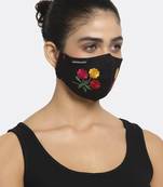 3-Ply Black & Multi Floral Embroidered Cotton Designer Mask