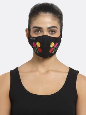 3-Ply Black & Multi Floral Embroidered Cotton Designer Mask 2