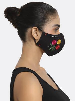 3-Ply Black & Multi Floral Embroidered Cotton Designer Mask 3