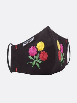 3-Ply Black & Multi Floral Embroidered Cotton Designer Mask 4