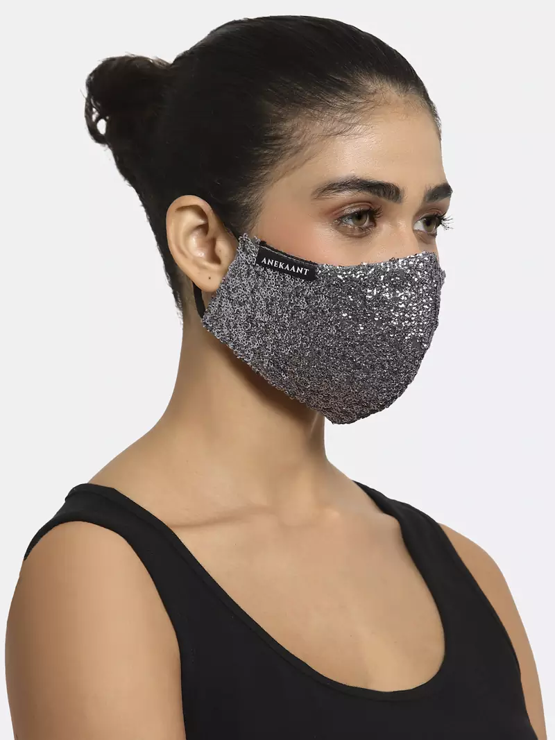 Anekaant 3-Ply Black & Silver Sequinned Polycotton Designer Mask