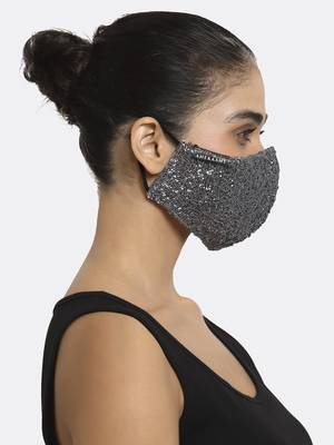 3-Ply Black & Silver Sequinned Polycotton Designer Mask 3